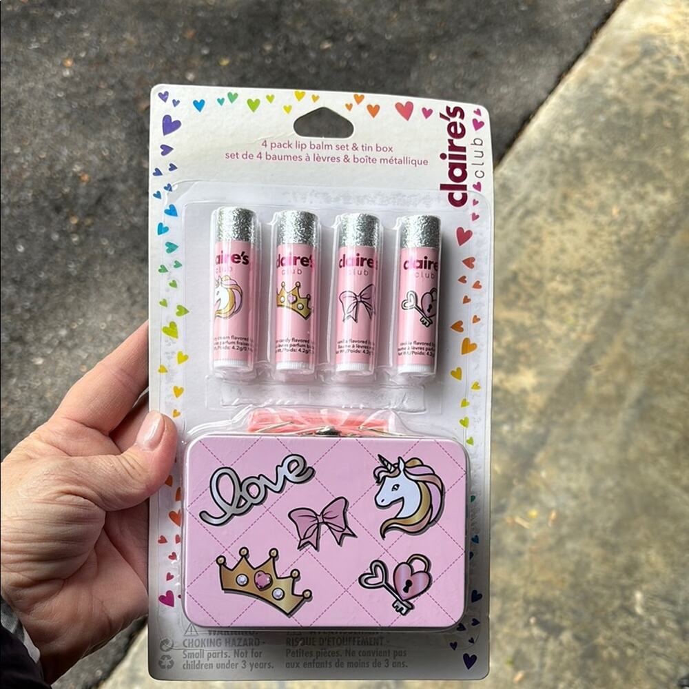 Claire's Pink Lip Balm Set with Unicorn Tin NWT magical set pretend play makeup